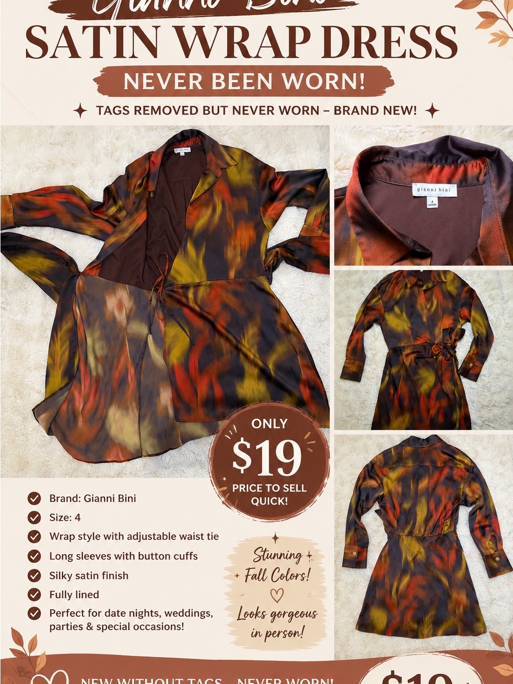 Gianni Bini Satin Wrap Dress — Brown, Rust, Olive & Black Abstract